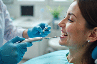 Dentiste utilisant un scaler ultrasonique sur un patient souriant dans une clinique moderne