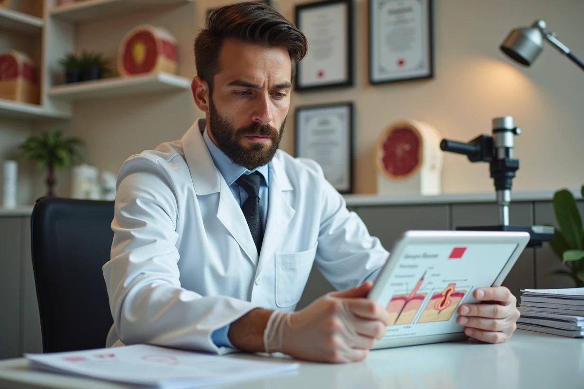 Dermatologue examinant des schémas médicaux de follicules cutanés pour distinguer poils incarnés et infections sexuellement transmissibles