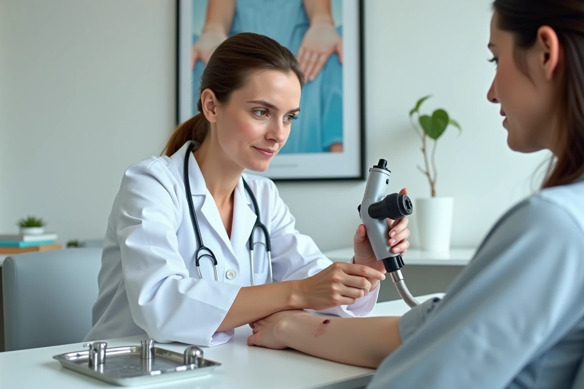 Dermatologue examinant une verrue séborrhéique sur l'avant-bras d'un patient avec un dermatoscope en cabinet médical