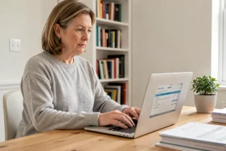 Femme faisant un devis santé en ligne sur un ordinateur portable depuis son bureau à domicile