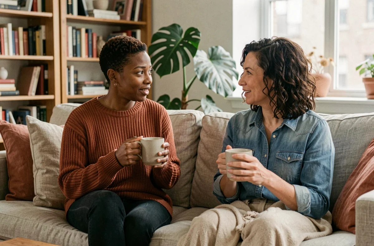 Deux femmes, l'une transgenre et l'autre cisgenre, engagées dans une conversation ouverte et bienveillante sur l'identité et la santé féminine dans un appartement chaleureux