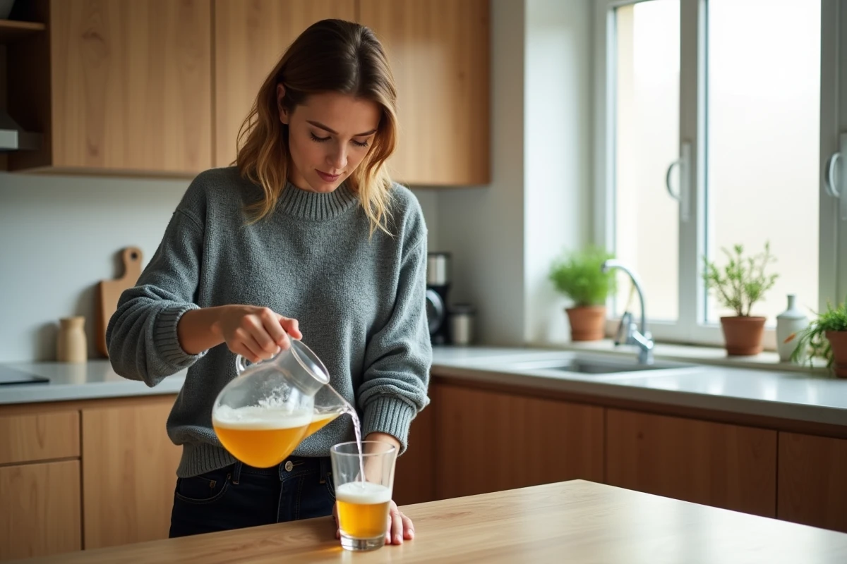 Femme diluant du pastis avec de l'eau dans une cuisine moderne, symbolisant une approche responsable et mesurée de la consommation de Ricard