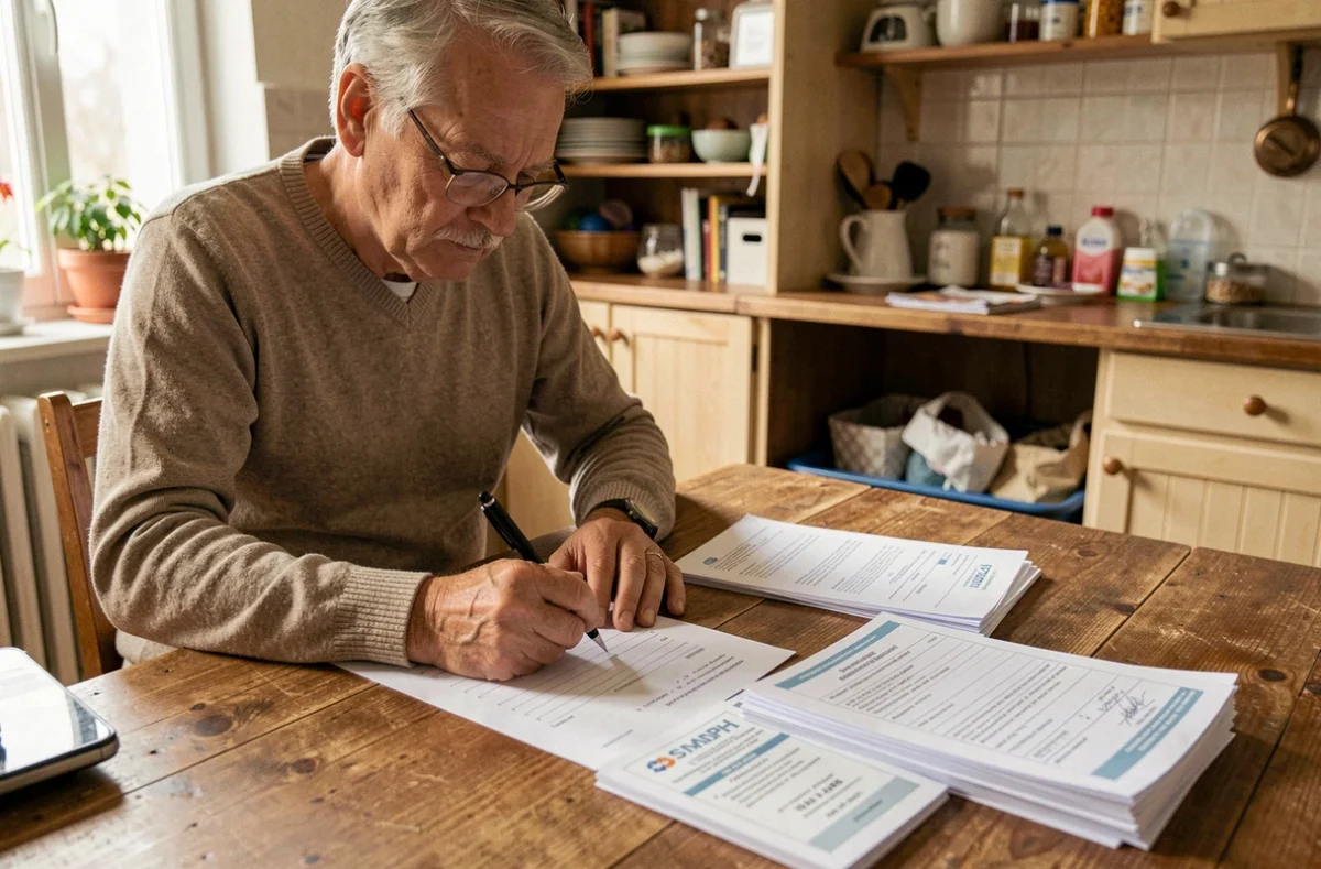 Homme âgé remplissant un dossier MDPH à domicile avec des certificats médicaux pour une discopathie dégénérative