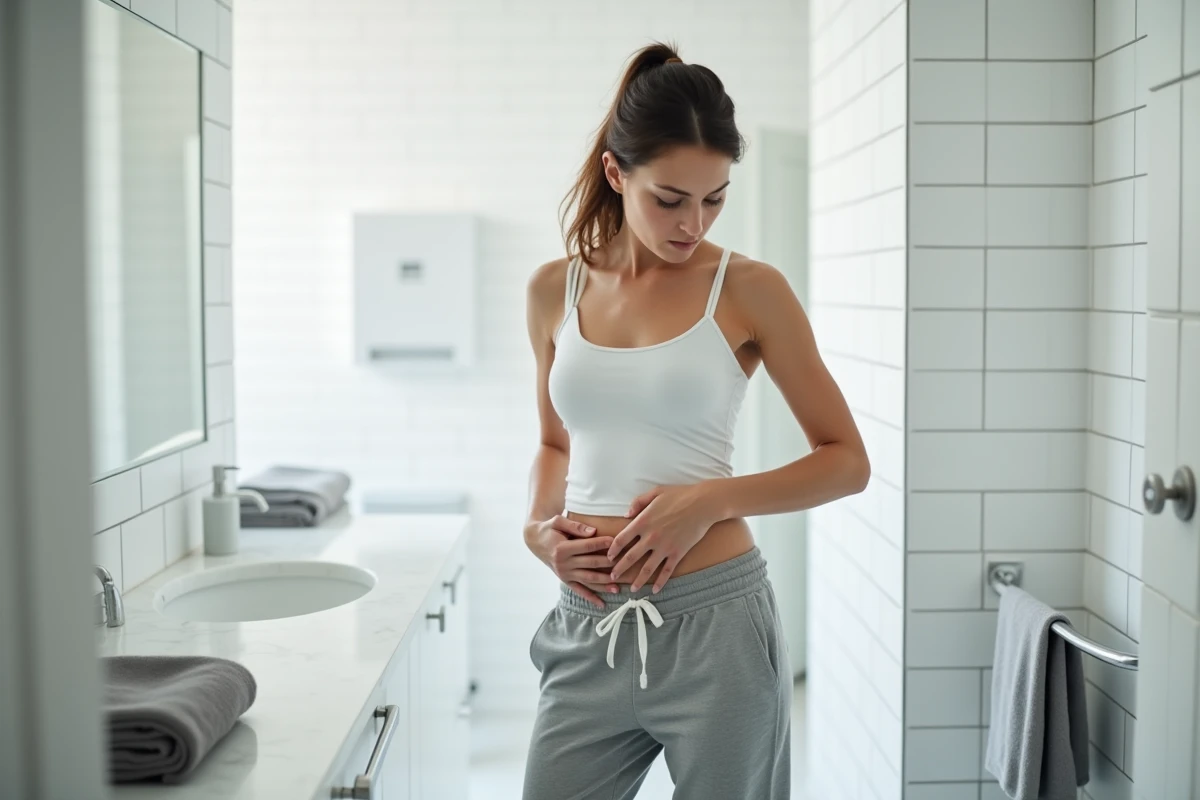 Femme dans la salle de bain main sur le ventre côté droit avec une expression préoccupée, douleur abdominale