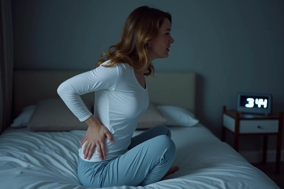 Femme assise sur le bord du lit la nuit se tenant le bas du dos droit en pyjama