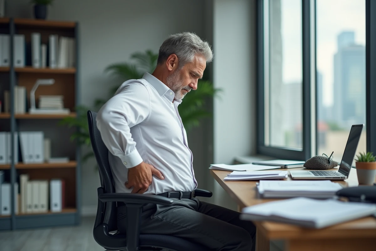 Homme d'affaires assoiffé souffrant d'une douleur dans le bas du dos droit assis à son bureau de travail