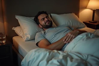 Homme allongé dans son lit la nuit tenant son bas du dos droit avec une expression de douleur