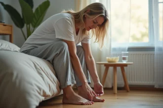 Femme d'âge mûr ressentant une douleur au talon le matin, assise sur le bord de son lit, tenant son pied en raison d'une épine calcanéenne