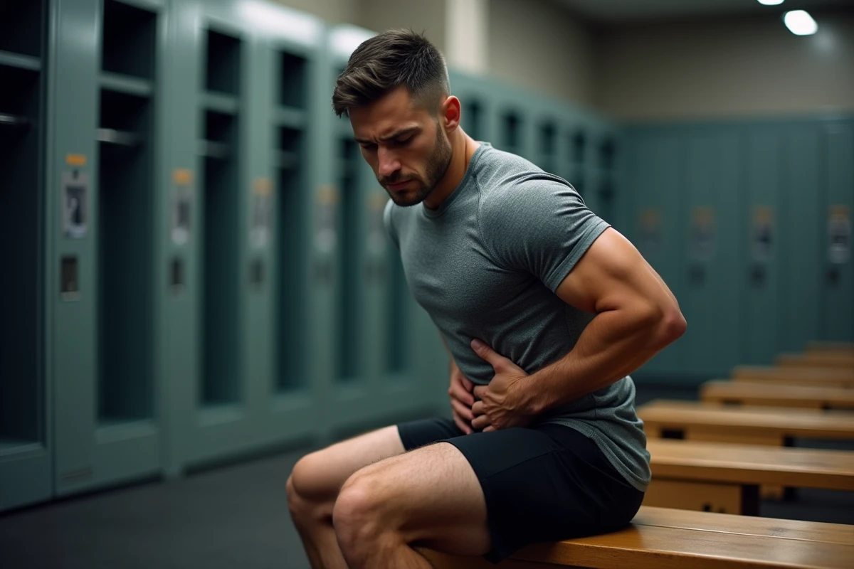 Sportif assis sur un banc de vestiaire souffrant d'une douleur lombaire basse droite après l'effort
