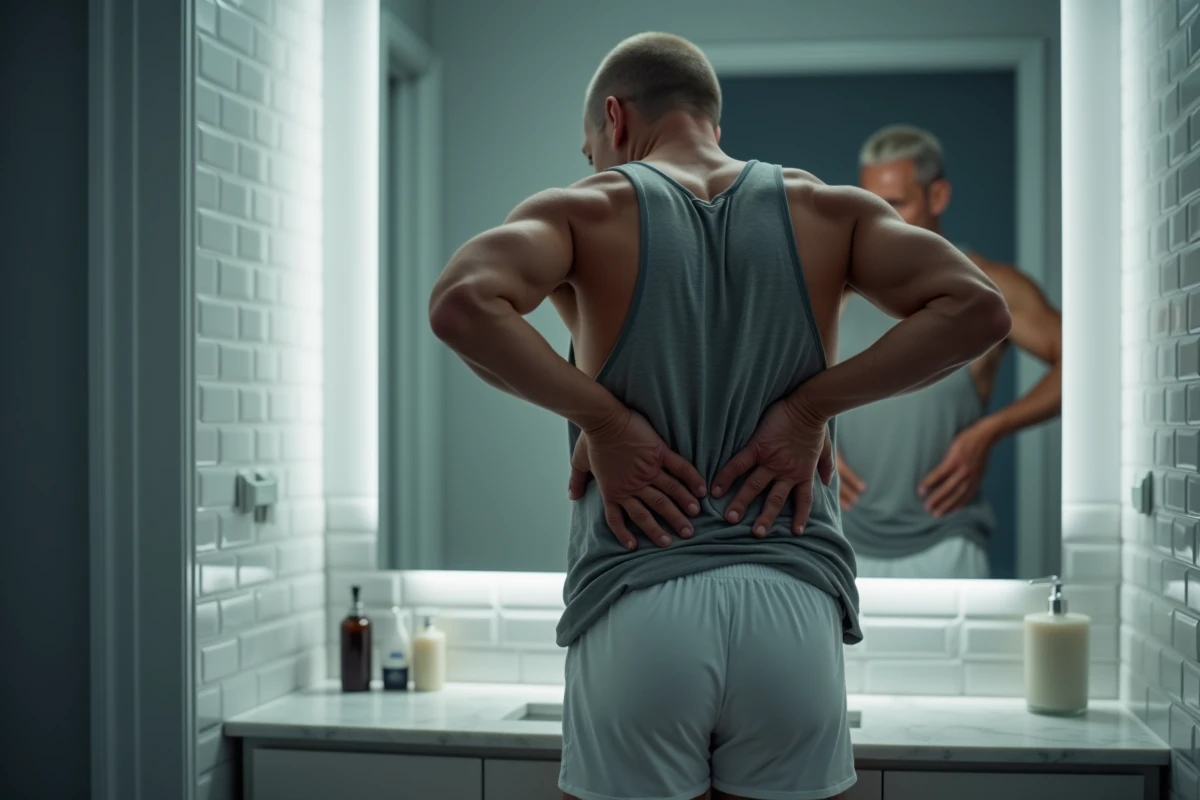 Homme debout dans la salle de bain la nuit se massant le bas du dos côté droit devant un miroir