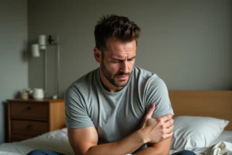 Homme d'âge mûr tenant son bras gauche douloureux assis sur un lit, illustrant la douleur musculaire chronique du bras gauche