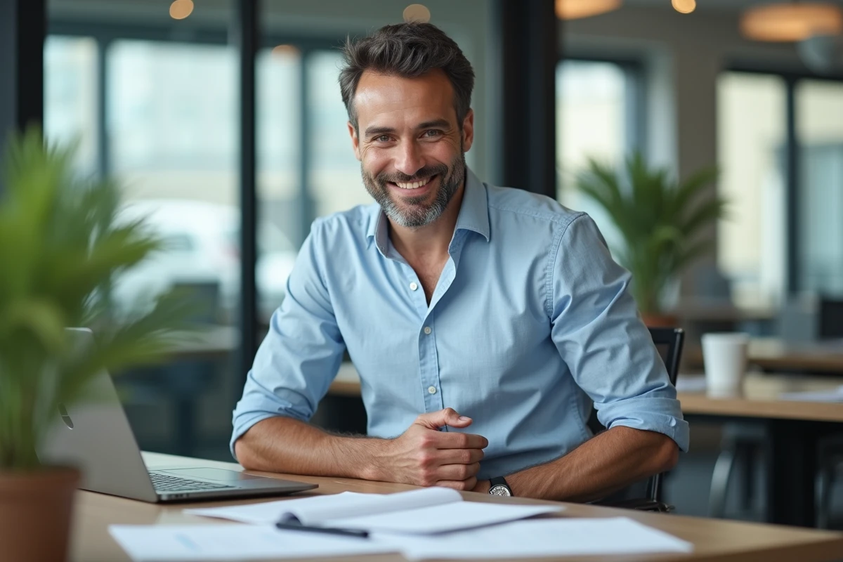 Homme au bureau tenant son côté droit avec une expression de douleur abdominale pendant la journée