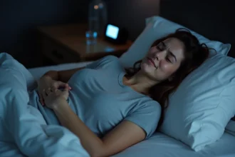 Femme allongée la nuit tenant son ventre côté droit, exprimant une douleur abdominale nocturne