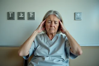 Femme ressentant des effets secondaires après une IRM assise dans une salle d'attente hospitalière