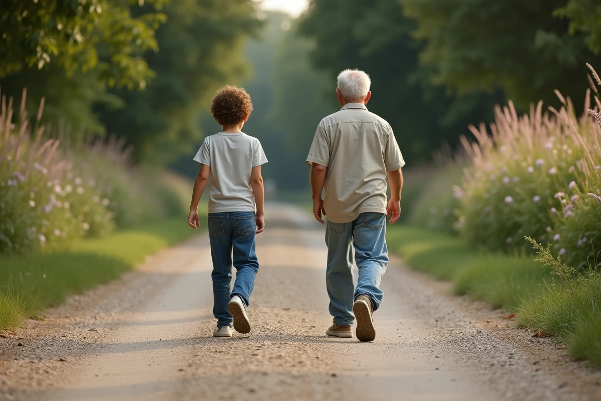 Un enfant et un homme âgé marchent dans un parc en gravier