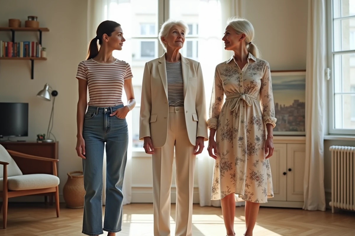 Trois femmes françaises de générations différentes côte à côte illustrant l'évolution de la taille féminine en France depuis 1950