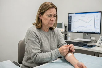 Femme d'âge moyen après une prise de sang dans un cabinet médical, illustrant le dépistage de la ferritine et des maladies auto-immunes