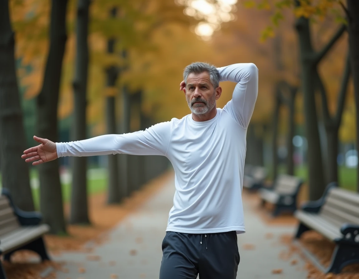 Homme pratiquant des exercices d'étirement doux en plein air pour soulager une douleur musculaire chronique au bras gauche