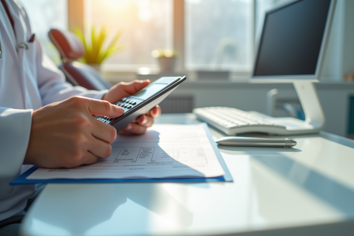 Mains tenant une facture dentaire et une calculatrice sur un bureau blanc