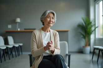 Femme de 50 ans dans une salle d'attente médicale se grattant le bras, illustrant les symptômes de démangeaisons liés à un cancer chez la femme