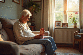 Femme agee se relaxant sur un sofa en famille