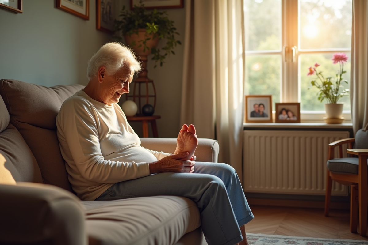 Femme agee se relaxant sur un sofa en famille