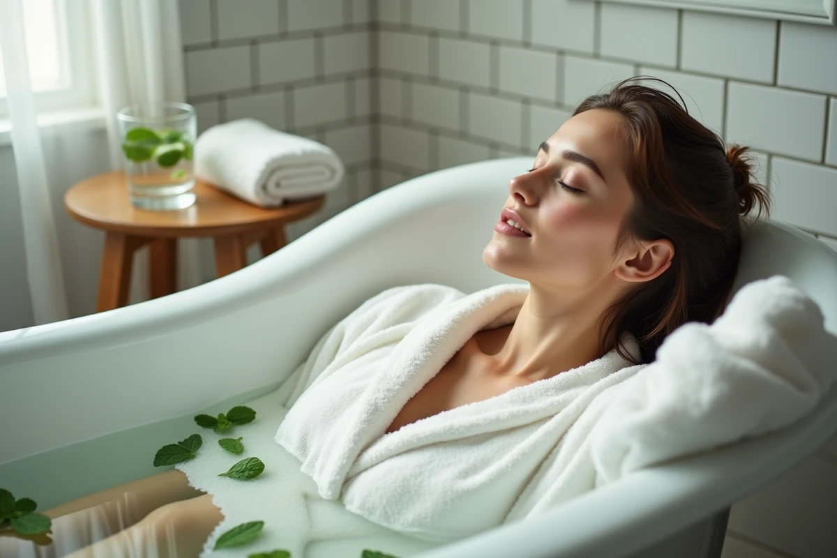 Femme détendue dans un bain aux feuilles de menthe fraîche dans une salle de bain vintage au style spa naturel