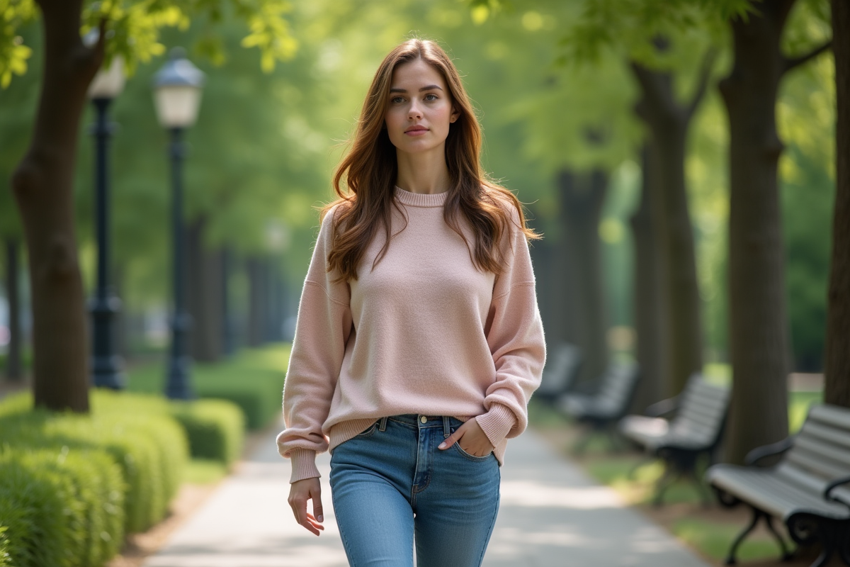 Femme en balade dans un parc urbain au printemps