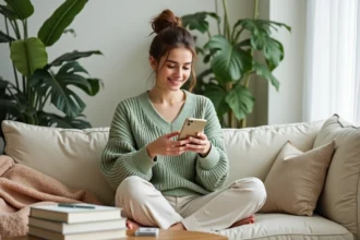 Femme détendue tenant une tasse de thé et consultant le blog bien-être Positivia.fr sur son téléphone dans un salon cosy
