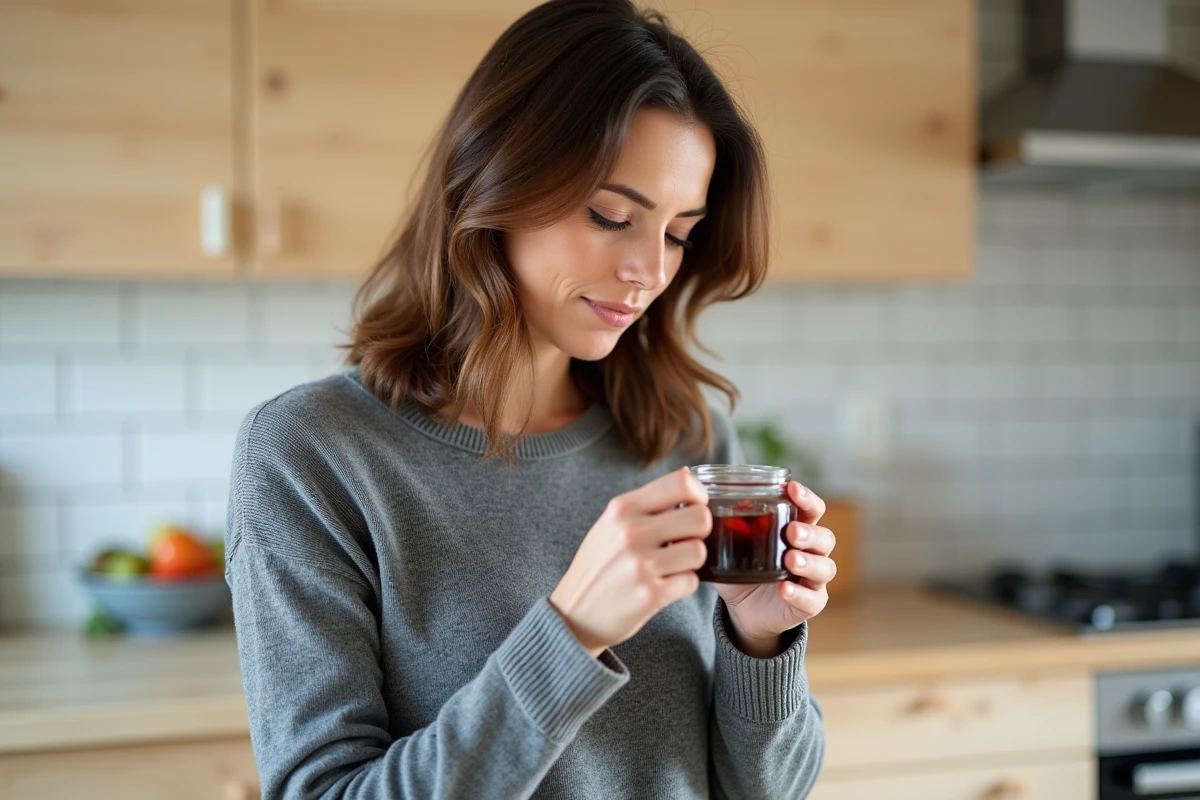 Femme tenant un bocal de pruneaux cuits dans sa cuisine, illustrant une consommation raisonnée des pruneaux pour soulager la constipation