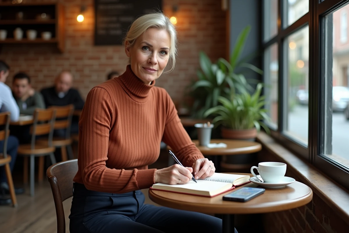Femme prenant des notes dans un carnet dans un café vintage tout en lisant un article bien-être sur son téléphone
