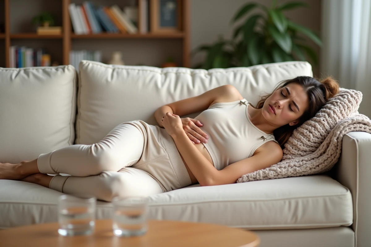 Femme allongée sur un canapé souffrant d'une douleur persistante dans le haut du dos à gauche