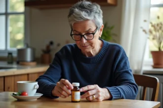 Femme de 52 ans lisant l'étiquette d'un complément alimentaire Guggul Plus dans sa cuisine, illustrant la prise de suppléments pour le cholestérol