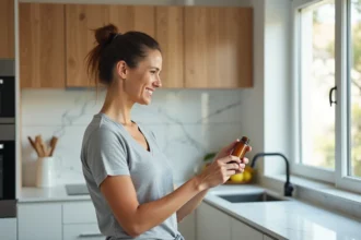 Femme d'une quarantaine d'années lisant l'étiquette d'un complément alimentaire Indiva System dans une cuisine moderne