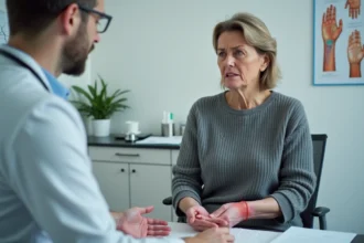 Femme d'âge moyen en consultation médicale montrant sa main atteinte d'algodystrophie, discutant de son taux d'invalidité avec un médecin