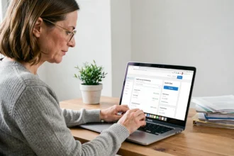 Femme consultant ses remboursements santé sur le site mnt.fr espace adhérents depuis son bureau à domicile