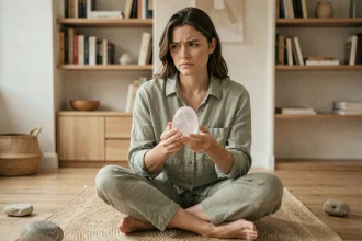 Femme tenant un cristal de quartz rose dans ses mains, assise sur un parquet en bois dans un intérieur minimaliste, explorant sa relation avec les pierres de vie
