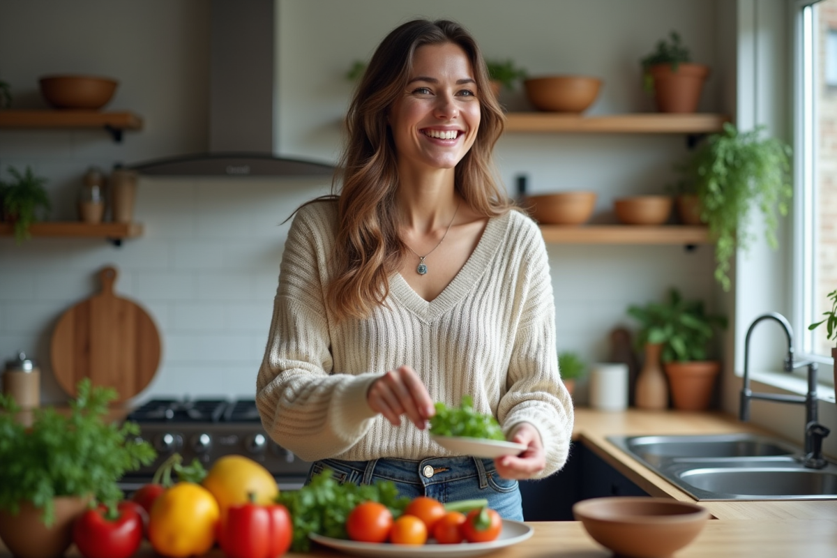 Femme souriante en cuisine préparant des légumes colorés