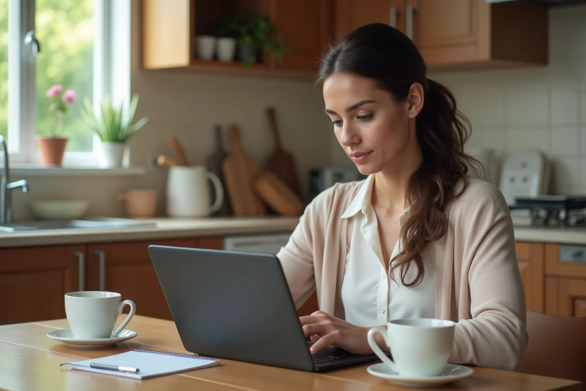 Femme assise à la table de cuisine avec tablette et carnet