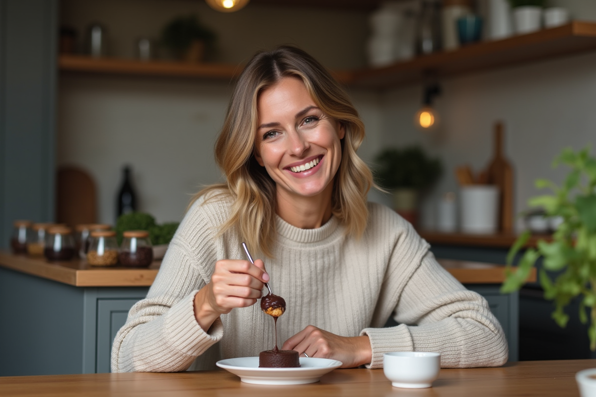 Femme souriante dégustant un dessert au chocolat dans la cuisine