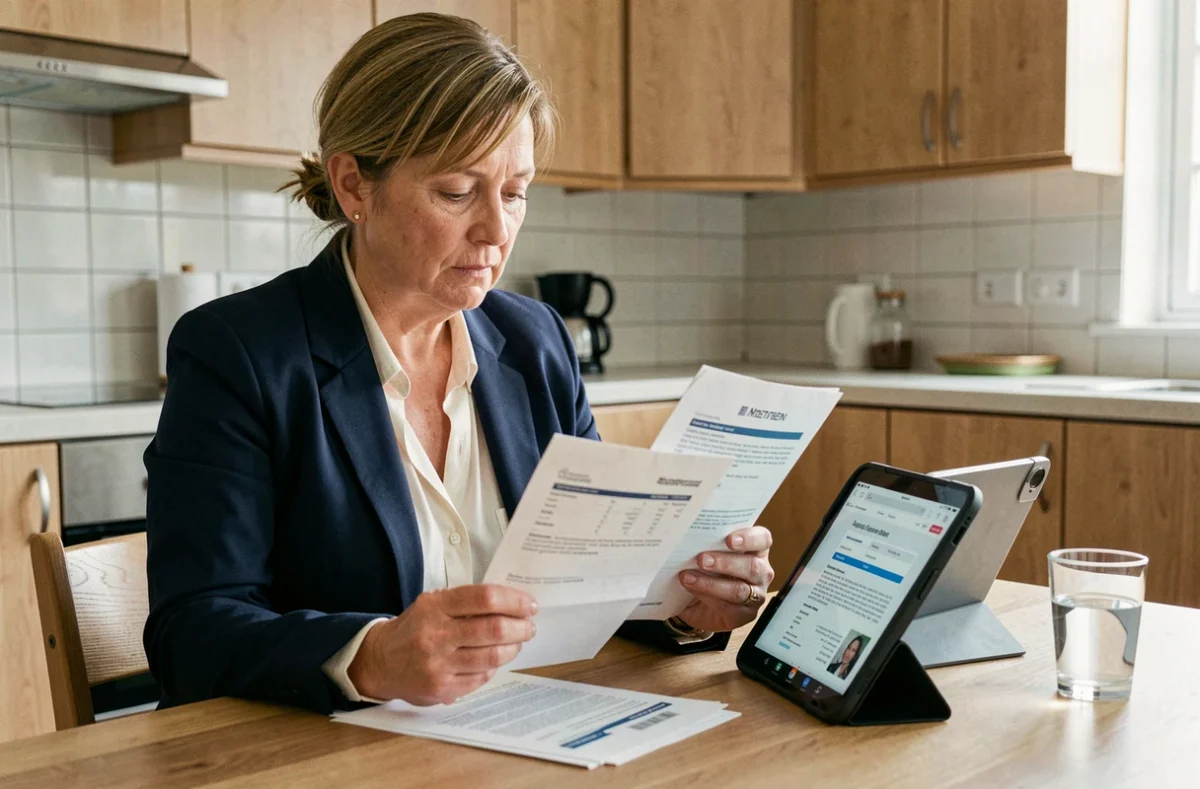 Femme comparant ses documents de remboursement santé avec l'espace adhérents MNT sur une tablette à la maison