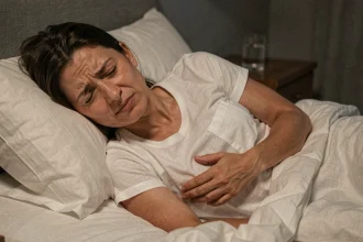 Femme allongée dans son lit la nuit tenant son côté droit sous les côtes avec une expression de douleur
