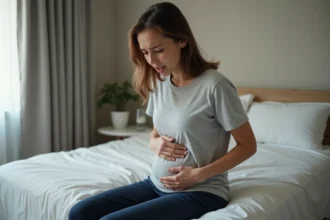 Femme tenant son côté gauche bas du ventre assise sur un lit, exprimant une douleur abdominale