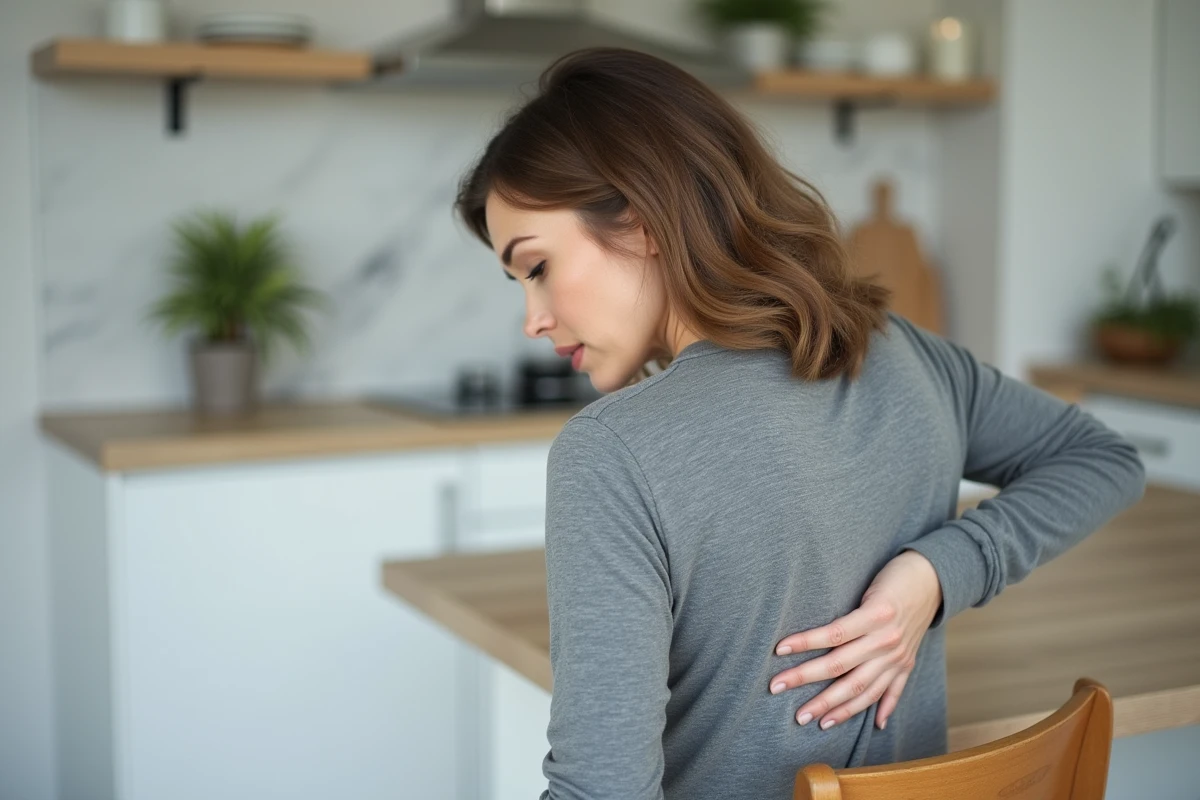 Femme tenant son haut du dos gauche avec une expression de douleur dans une cuisine moderne