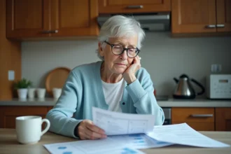 Femme âgée lisant des documents médicaux à la maison