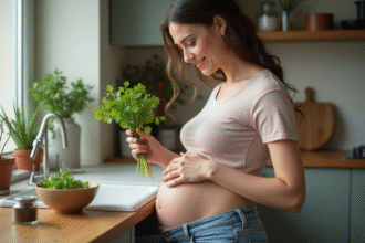 Femme enceinte tenant de la coriandre dans la cuisine chaleureuse