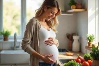 Femme enceinte souriante préparant un repas sain dans la cuisine