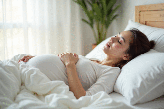 Femme enceinte allongée dans un lit lumineux et moderne