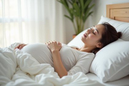Femme enceinte allongée dans un lit lumineux et moderne