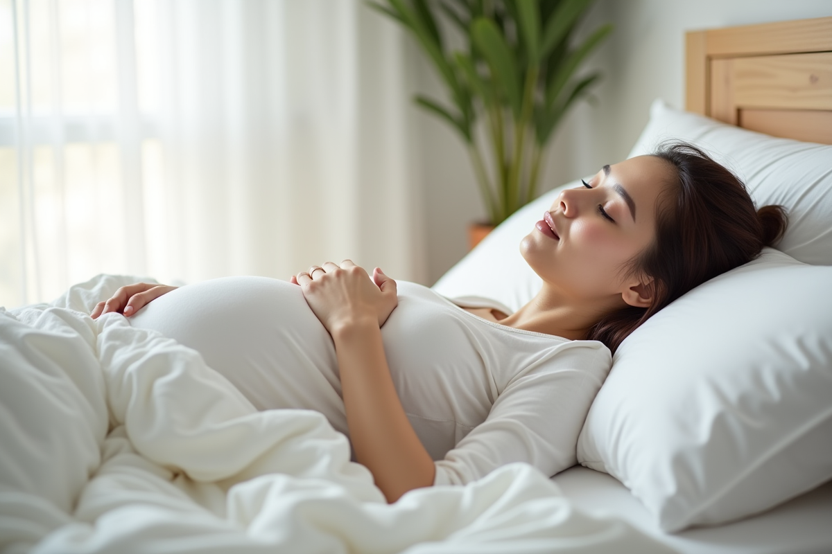 Femme enceinte allongée dans un lit lumineux et moderne
